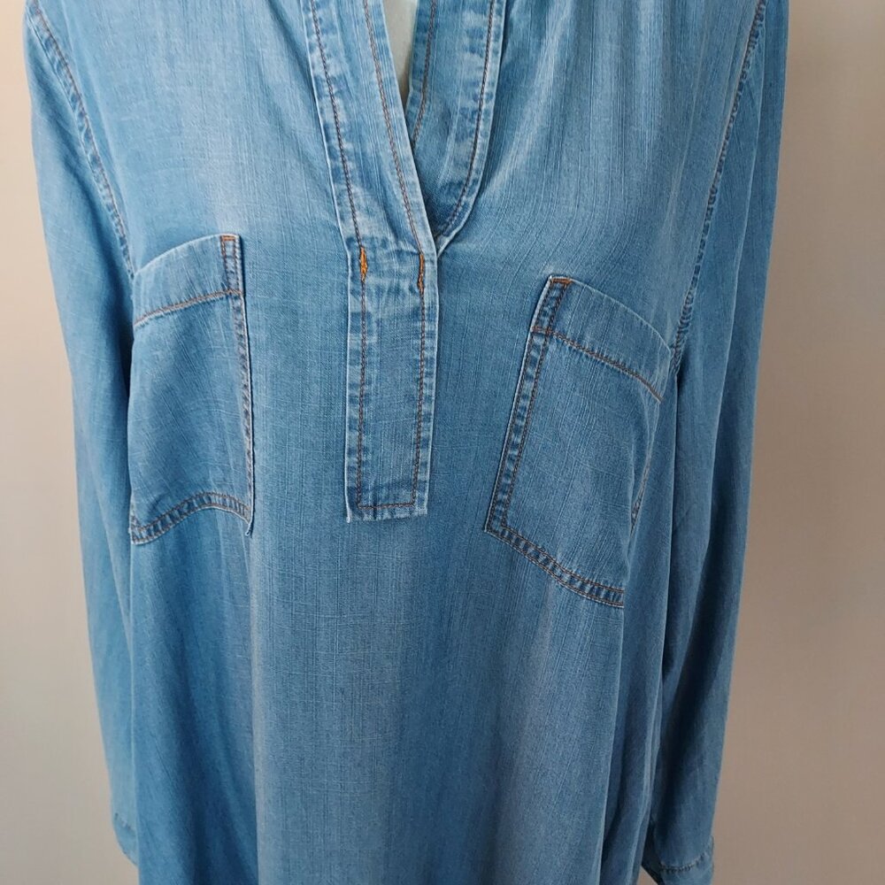 CASLON Chambray Popover Long Sleeve Split Neck Midi Shirtdress Size Large NWOT - Picture 2 of 9